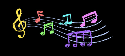 Vector of music notes in charcoal scribble texture. Handwritten pop style on black background with vibrant colors. Cute childish music school rainbow pastel or wax pencil signs
