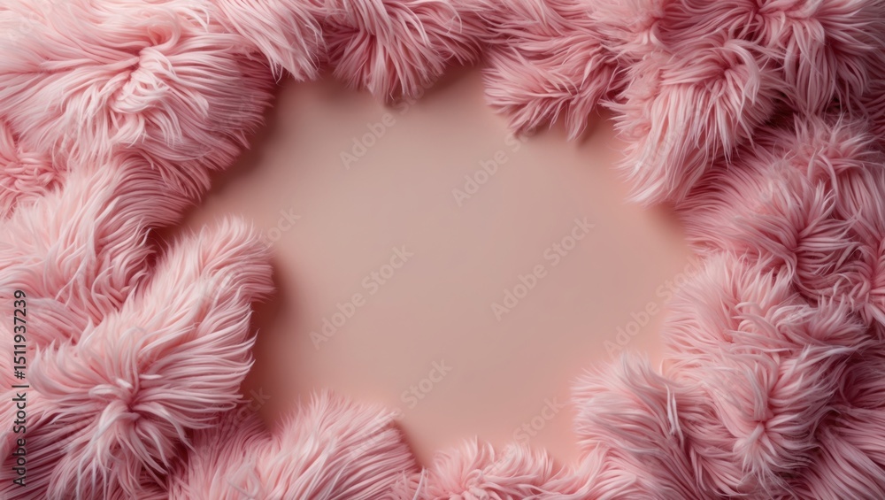 Poster pink fluffy fringes creating a soft and inviting frame around a neutral background, ideal for produc