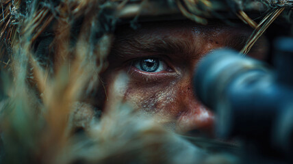 Intense Camouflaged Sniper Eyeing Target Through Scope in Forest Terrain with Concealed Military Appearance