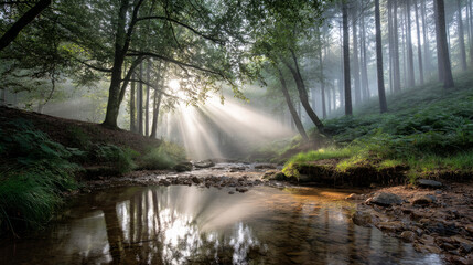 Obraz premium Beautiful forest background for screensaver. with sunbeams. Calm close-up of fairytale forest and nature landscape, panorama. Summer vacation, holiday, amazing nature.