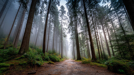 Fototapeta premium Beautiful forest background for screensaver. with sunbeams. Calm close-up of fairytale forest and nature landscape, panorama. Summer vacation, holiday, amazing nature.