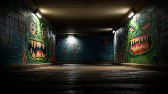 Graffiti monsters painted across tunnel walls in silent subway, surreal urban horror theme