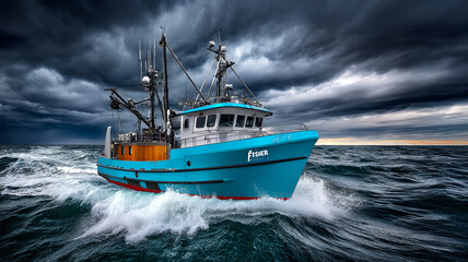 blue and red trawler, fishing boat, sailing in rough sea's