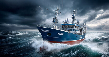 blue and red trawler, fishing boat, sailing in rough sea's