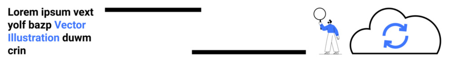 Cloud with sync icon, individual using magnifying glass for inspection or analysis. Ideal for cloud computing, data synchronization, technology, research, analytics, monitoring, or a simple landing