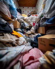 Hoarding disorder clutter room. Anxiety mental health stress. Close-up of a cluttered corner buried under clothing.