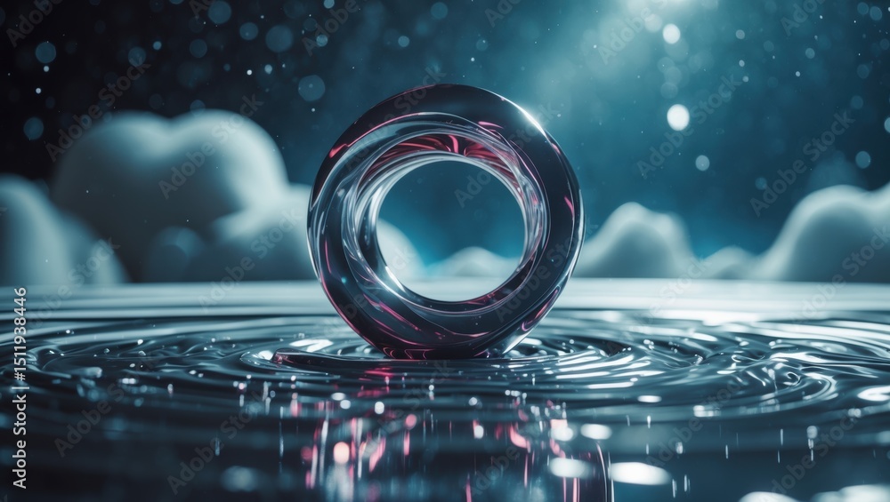 Poster a reflective metallic torus floating above a water surface, with ripples and a moody atmosphere illu