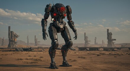Dark armored robotic mech with glowing red sensors in a desert military testing facility. AI combat readiness, robotics in defense systems, autonomous weapons development
