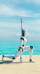 A humanoid robot practices a yoga pose alone on a serene beach under clear blue skies. AI and mindfulness, robot yoga, wellness technology, human-AI integration..