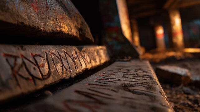 Graffiti spelling cryptic words across broken subway walls, mystery and decay theme, soft ambient glow