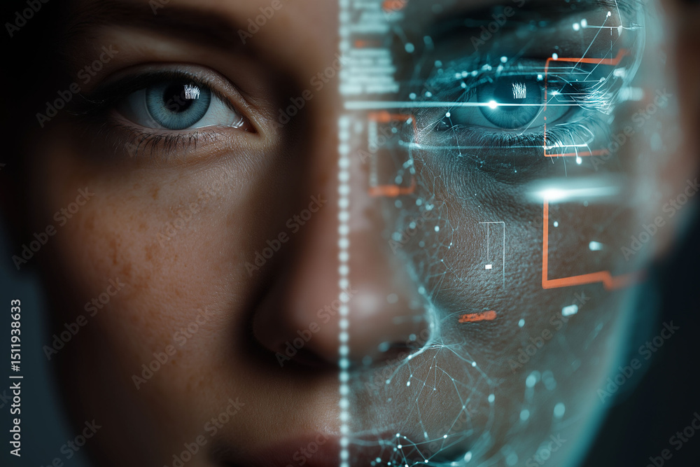 Poster synthetic identity fraud. holographic face merging real and fake features in a digital image.