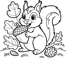 Cute Squirrel Holding an Acorn Surrounded by Leaves in Black and White
