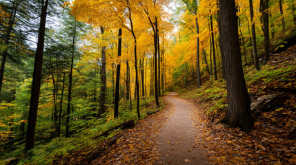 Obraz premium Beautiful forest background for screensaver. with sunbeams. Calm close-up of fairytale forest and nature landscape, panorama. Summer vacation, holiday, amazing nature. autumn