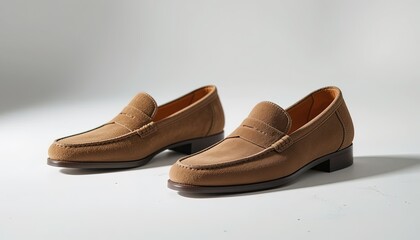 Two light brown suede loafers against a plain background.