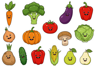 Cartoon Vegetables and Fruit with Smiling Faces Carrot Broccoli Tomato and More
