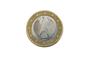 Reverse or tails side of a 2002 one euro coin from the Federal Republic of Germany, featuring the German federal eagle symbolizing national sovereignty, encircled by twelve stars of the European Union