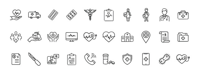 
Medical and Healthcare Line Icons Set  Medicine, Hospital, and Emergency Symbols