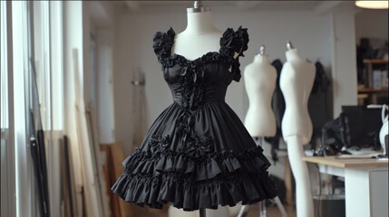 Black gothic lolita dress on mannequin in fashion design studio