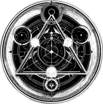 recommend clip art: A complex black and white circular design features a central triangle and abstract geometric and symbolic elements.
