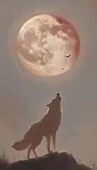 Wolf Silhouette Howling Under Blood Moon In Serene Landscape