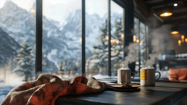 Cozy mountain cafe with panoramic snow views.  Warm drinks and a woolen blanket rest on a rustic wooden table
