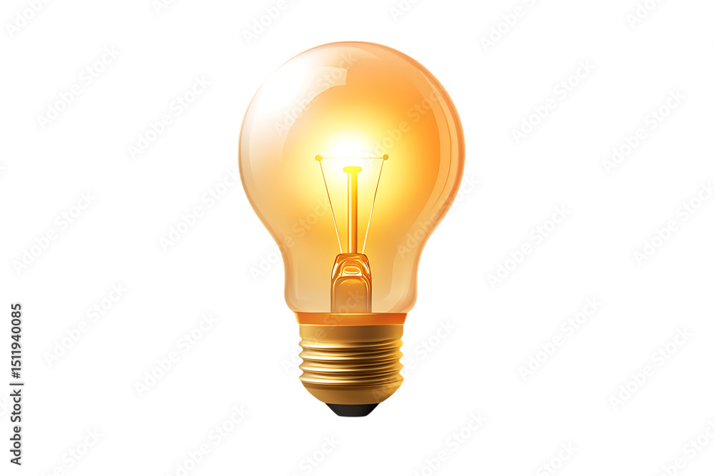 Poster glowing light bulb with visible filament on transparent background