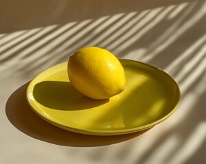 Single lemon on yellow plate, bright shadows behind.
