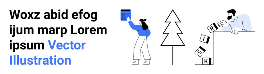 Person lifting blue block, another stacking blocks labeled risk near stylized tree. Ideal for teamwork, risk management, collaboration, organization, creativity, problem solving, simple landing page