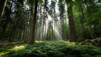 Obraz premium Beautiful forest background for screensaver. with sunbeams. Calm close-up of fairytale forest and nature landscape, panorama. Summer vacation, holiday, amazing nature.