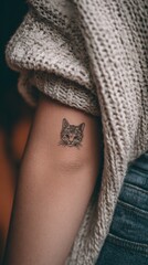 Cat tattoo on female arm in sweater and jeans