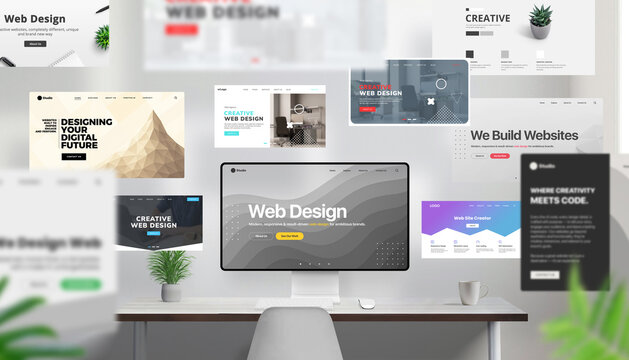 Creative workspace with desktop screen and numerous web pages flying around in dynamic motion. Some pages are blurred in the foreground to illustrate speed and volume. Concept for fast-paced website p