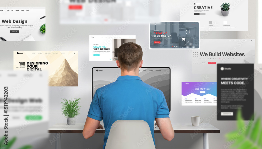 Poster Back view of a web designer working at a desk, focused on a computer screen while numerous website layouts fly forward around him. Powerful visual of creative productivity and digital content creation