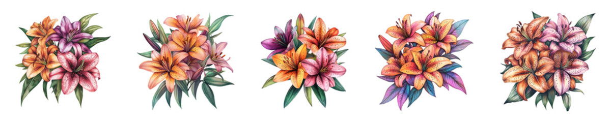 Various watercolor lily arrangements display vibrant orange, pink, and purple blooms on transparent background