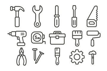Collection of hand tools icons on brown background