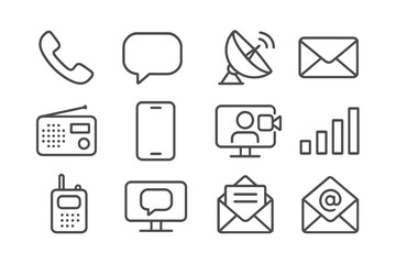 Communication icons: phone, message, satellite, email, radio, video