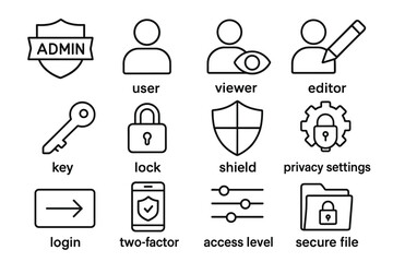 Admin and user icons for privacy and security settings - key, lock, shield symbols