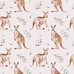 Watercolor australian cartoon kangaroo seamless pattern. Australian kangaroos set kids illustration. Nursery wallpaper art
