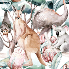 Watercolor australian cartoon kangaroo emu, koala and flying fox seamless pattern. Australian kangaroos set kids illustration. Nursery wallpaper art