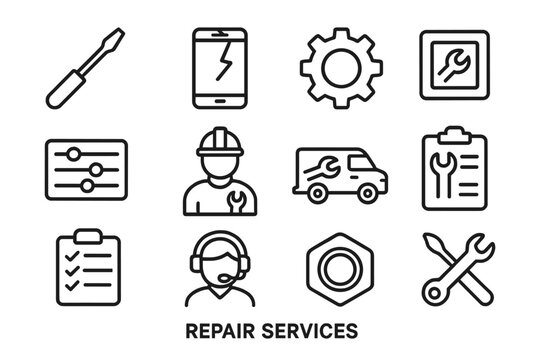 Repair services icons: tools, technician, support, gear, van