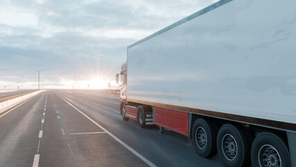 Red Cargo Truck Driving on Wet Highway at Sunrise – Freight Transport Concept