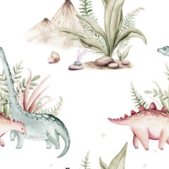 Watercolor dinosaur seamless pattern. Hand painted cute dinosaurs, tropical palm tree, jungle leaves, mountains. Dino illustration for design, wallpaper, scrapbooking