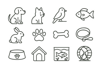 Fototapeta premium Outline icons of pets and pet accessories on brown background