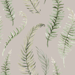 Seamless watercolor pattern with white flowers, berries, fern and leaves. Botanical illustration background fabric