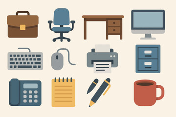Essential office supplies: desk, chair, computer, and more
