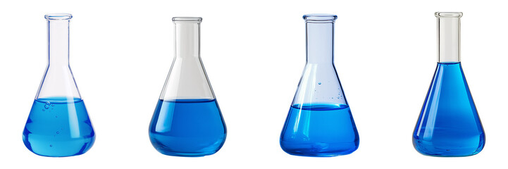 Four glass Erlenmeyer flask containers holding shiny blue liquid stand isolated on transparent background