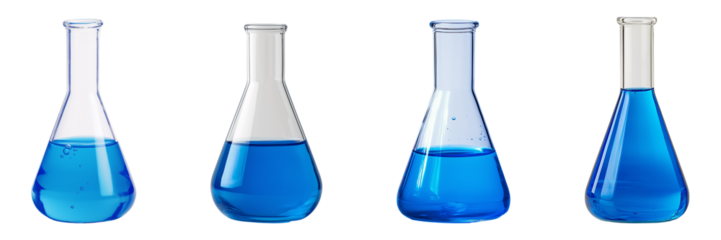 Four glass Erlenmeyer flask containers holding shiny blue liquid stand isolated on transparent background