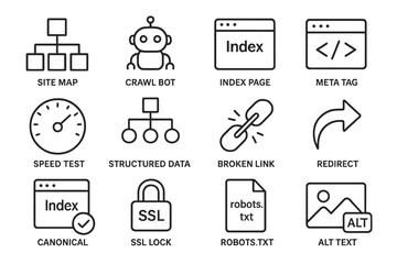 Fototapeta premium Website seo elements: sitemap, crawl bot, meta tags, speed test, structured data, ssl lock
