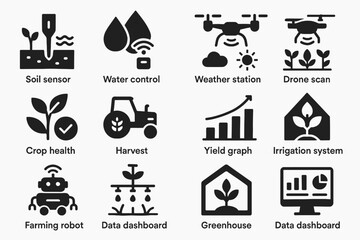 Agricultural technology icons: soil sensors, drones, robots, and greenhouses