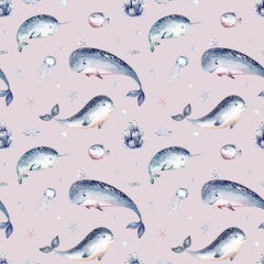 Watercolor seamless pattern with underwater world Bright fish, whale, shark dolphin starfish animals. Jellyfish seashells. Sea and ocean fish life background