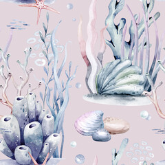 Watercolor seamless pattern with underwater world Bright fish, whale, shark dolphin starfish animals. Jellyfish seashells. Sea and ocean fish life background